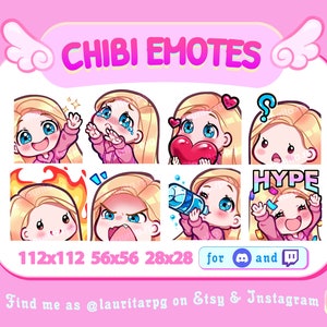 Cute Chibi Girl Emotes for Twitch / Straight Blonde Hair, Blue Eyes and Fair Skin / Set 2