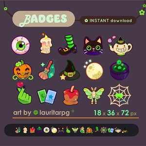 18 Cute Witchy Sub Badges for Twitch, Emerald Green Edition, Cauldron, Pumpkin, Witch Hat, Black Cat, Magic Potion, Halloween Sub Badges