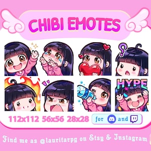 Twitch 用のかわいいちびガール エモート パック / 前髪のあるストレートな黒髪、茶色の目、色白の肌 / パック 2