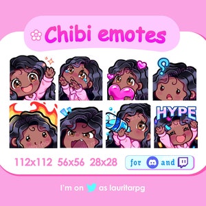 Twitch 用のかわいいちびガール エモート パック / 前髪のある黒い巻き毛、茶色の目、黒い肌 / セット 2