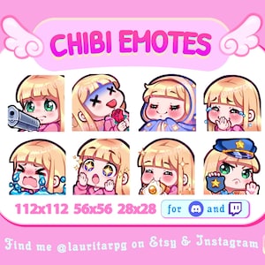 Cute Chibi Girl Emote Pack for Twitch  / Straight Blonde Hair with Bangs, Green Eyes and Fair Skin / Pack 1