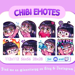Cute Chibi Girl with Square Glasses Emote Set for Twitch / Straight Black Hair with Bangs, Brown Eyes and Fair Skin / Pack 2