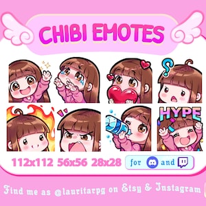 Cute Chibi Girl Emote Pack for Twitch / Straight Brown Hair with Bangs, Brown Eyes and Fair Skin / Pack 2