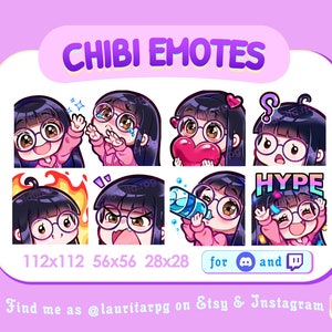 Linda chica Chibi con gafas redondas Emotes para Twitch / Cabello negro lacio con flequillo, ojos marrones y piel clara / Pack 2