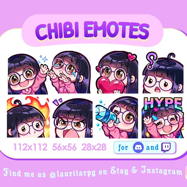 Cute Chibi Girl with Round Glasses Emotes for Twitch / Straight Black Hair with Bangs, Brown Eyes and Fair Skin / Pack 2