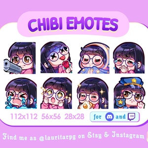 Twitch 用の丸メガネをかけたかわいいちびガールのエモート / 前髪のあるストレートの黒髪、茶色の目、色白の肌 / パック 1
