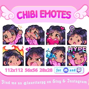 Twitch 用のかわいいちびガールのエモート / 巻き毛の黒髪、茶色の目、茶色の肌 / セット 2