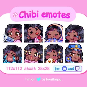 Twitch 用のかわいいちびガール エモート パック / 前髪のある黒い巻き毛、茶色の目、黒い肌 / パック 1
