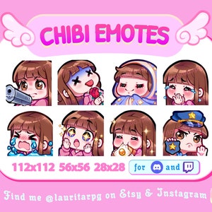Cute Chibi Girl Emote Pack for Twitch  / Straight Brown Hair with Bangs, Brown Eyes and Fair Skin / Pack 1