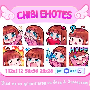 Chibi Girl Emote Pack für Twitch / Straight Red Hair with Bangs, Blue Eyes and Fair Skin / Pack 2