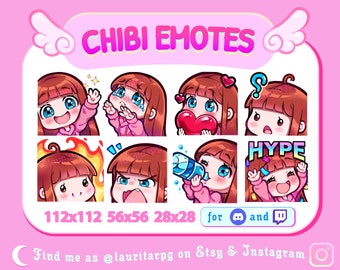 Cute Chibi Girl Emote Pack for Twitch / Straight Red Hair with Bangs, Blue Eyes and Fair Skin / Pack 2