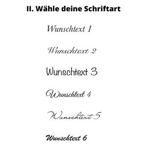 May include: Six different font styles are displayed with the text "Wunschtext" followed by a number from 1 to 6. This image is a guide to help you choose a font style for your project.