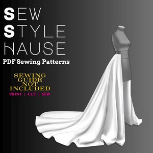 May include: A digital illustration of a white detachable open front skirt sewing pattern. The pattern is for a beginner to advanced sewer. The text "Sew Style Nause" is at the top of the image. The text "Sewing Guide Not Included" is below the pattern. The text "Print | Cut | Sew" is below that.