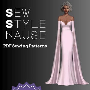 Puede incluir: Una ilustración digital de un vestido de sirena rosa con mangas acampanadas largas. El vestido tiene un escote de corazón y un corpiño estilo corsé. El texto "SEWING GUIDE INCLUDED PRINT | CUT | SEW" está en una estrella púrpura. El texto "Corset Style Sweetheart Top Mermaid Gown with Long Bell Sleeves PDF Sewing Pattern Beginner - Advance" está debajo de la ilustración. El texto "SewStyleNause Designs by Amor William Ayala" está en la parte inferior de la imagen.
