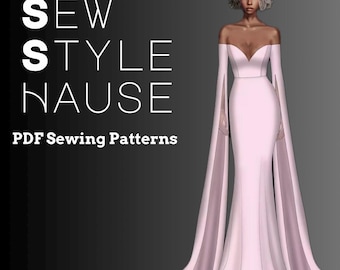 Robe sirène style corset avec haut en cœur et manches longues cloche Patron de couture PDF
