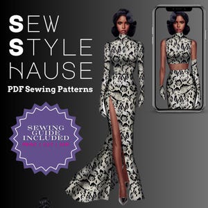 High Slit Mermaid Gowns with Cocktail Glove Sleeve Multi Style Top PDF Sewing Pattern