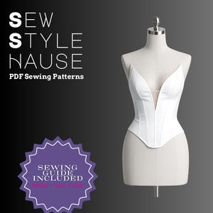 May include: A white, pointed panel corset top with a mesh panel, displayed on a mannequin. The image includes text that reads "SEW STYLE NAUSE PDF Sewing Patterns" and "Pointed Paneled Corset Top w/ Middle Mesh Panel PDF Sewing Pattern". A sewing guide is included.