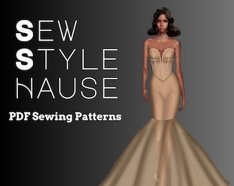 Robe sirène avec corset à évasés et traine complète Patron de couture et guide de couture PDF