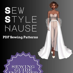 Puede incluir: Una ilustración digital de un top cruzado con falda desmontable y pantalones. El texto dice SEW STYLE HAUSE, PDF Sewing Patterns, SEWING GUIDE INCLUDED, PRINT | CUT | SEW, y Cross Front Top w/ Detachable Skirt & Pant PDF Sewing Pattern.