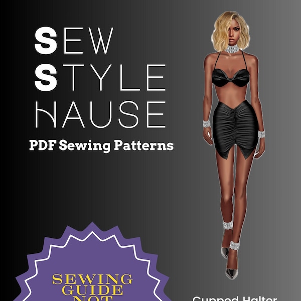 Cupped Halter Tie Back Top & Front Scrunched Mini Slit Skirt PDF Sewing Pattern