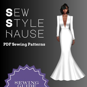 V-Cut Long Sleeve Mermaid Gown With No Knee Seam PDF Sewing Pattern