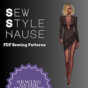 Puede incluir: Una ilustración digital de una mujer con un top negro de cuello en V de manga larga y una falda negra cruzada. El texto "SEW STYLE NAUSE" está en la parte superior de la imagen. El texto "SEWING GUIDE INCLUDED" está en un círculo morado con un contorno blanco. El texto "Long Sleeve V-Cut Top Crossover Skirt PDF Sewing Pattern" está debajo de la ilustración. El texto "Beginner ~ Advance" está debajo del nombre del patrón. El texto "@eastylehause Designs by Amore William Ayala" está en la parte inferior de la imagen.