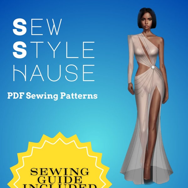 One Shoulder Asymmetrical High Slit Gown PDF Sewing Pattern