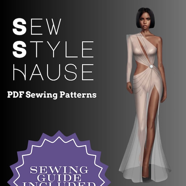 One Shoulder Asymmetrical High Slit Gown PDF Sewing Pattern