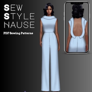 Sleeveless Open Back Pant Suit / Jumpsuit w/ Pockets PDF Sewing Pattern