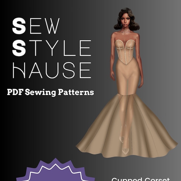 Cupped Corset Full Train Mermaid Gown PDF Sewing Pattern and Sewing Guide