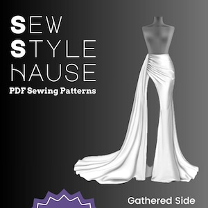 Pleated/Gathered Side Slit Mermaid Skirt w/ Long Side Train PDF Sewing Pattern