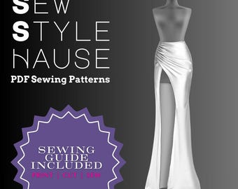 Gathered Side High Slit Mermaid Skirt w/Train PDF Sewing Pattern