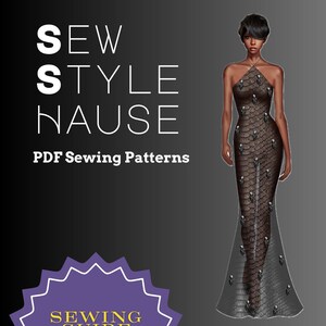 Puede incluir: Una ilustración digital de un vestido largo de corte en A, color marrón oscuro, con cuello halter, textura de piel de serpiente y adornos de calaveras. El texto dice: SEW STYLE HAUSE, PDF Sewing Patterns, Halter Neck Tie A-line Gown, SEWING GUIDE NOT INCLUDED.