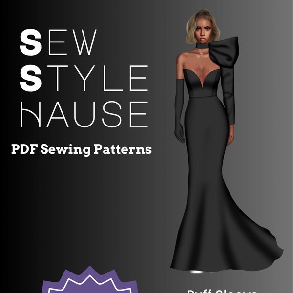 Puff Sleeve Sweetheart Top A-line Gown with Train & Cocktail Gloves PDF Sewing Pattern