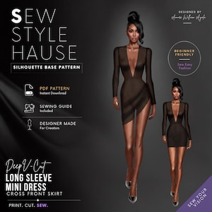 Könnte beinhalten: Ein digitales Schnittmuster für ein langärmeliges Minikleid mit tiefem V-Ausschnitt und Wickelrock. Der Text lautet SEW STYLE HAUSE, SILHOUETTE BASE PATTERN, PDF PATTERN, SEWING GUIDE, DESIGNER MADE, Deep V-Cut LONG SLEEVE MINI DRESS sowie PRINT. CUT. SEW.
