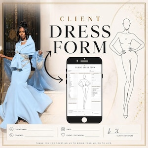 Può includere: Un modulo digitale per abiti su misura con uno smartphone nero che mostra una tabella delle misure e un figurino di moda. Il design include campi di testo per nome del cliente, data, contatto, evento e una riga per la firma su sfondo beige.