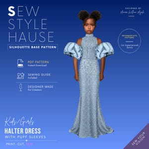 Girls/Kids Halter Puff Sleeve Dress/Gown PDF Sewing Pattern | Flower girl dress | Pageant dress | Kids prom