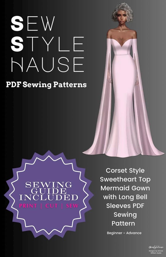 Corset Style Sweetheart Top Mermaid Gown With Long Bell Sleeves PDF Sew  Pattern - Etsy