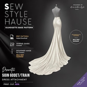 Puede incluir: Un patrón de costura digital para un vestido blanco largo hasta el suelo con una cola godet de 127 cm, mostrado en un maniquí. El gráfico incluye el texto: SEW STYLE HAUSE, SILHOUETTE BASE PATTERN, PDF PATTERN, SEWING GUIDE y DRAMATIC 50IN GODET/TRAIN.