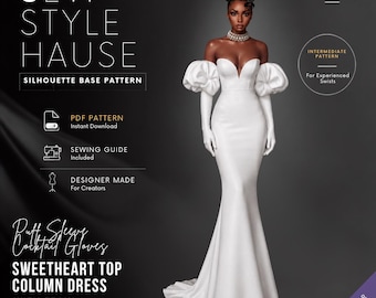 Puff Sleeve/Cocktail Gloves Sweetheart Top Column Dress/Gown with Train PDF Sewing Pattern