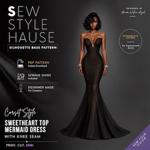 Corset Style Sweetheart Top Mermaid Dress with Knee Seam PDF Sewing Pattern