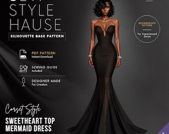 Corset Style Sweetheart Top Mermaid Dress with Knee Seam PDF Sewing Pattern