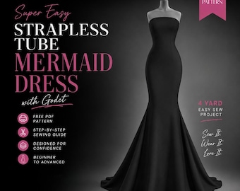 Strapless Mermaid Gown with Train/Godet & Free 50in Godet | PDF Sewing Pattern