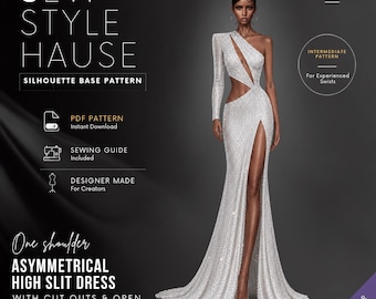 One Shoulder Asymmetrical High Slit Gown PDF Sewing Pattern