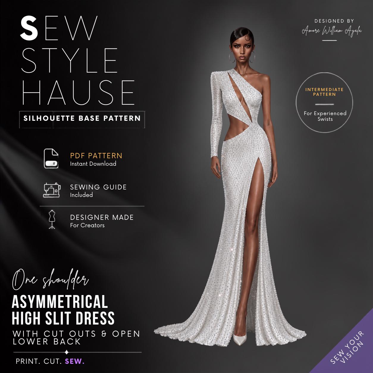 how to sew an asymmetrical dress One Shoulder High Slit Gown PDF Sewing Pattern Elegant Halloween A-Line Dress