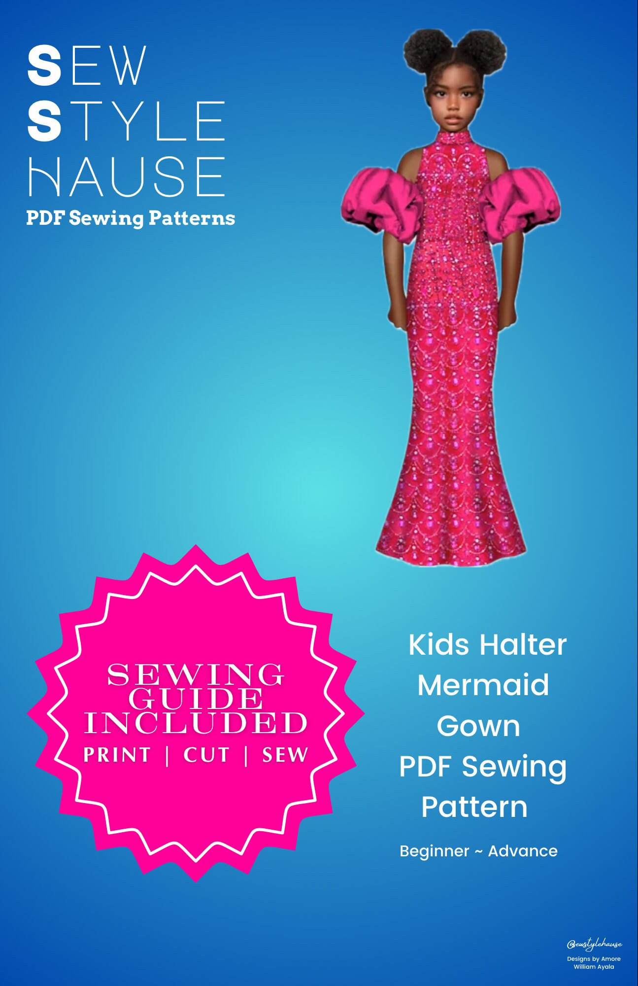 Kids Halter Puff Sleeve Dress/Gown PDF Sewing Pattern | Flower girl dress | Pageant dress | Kids prom
