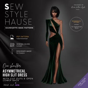 One Shoulder Asymmetrical High Slit Gown PDF Sewing Pattern