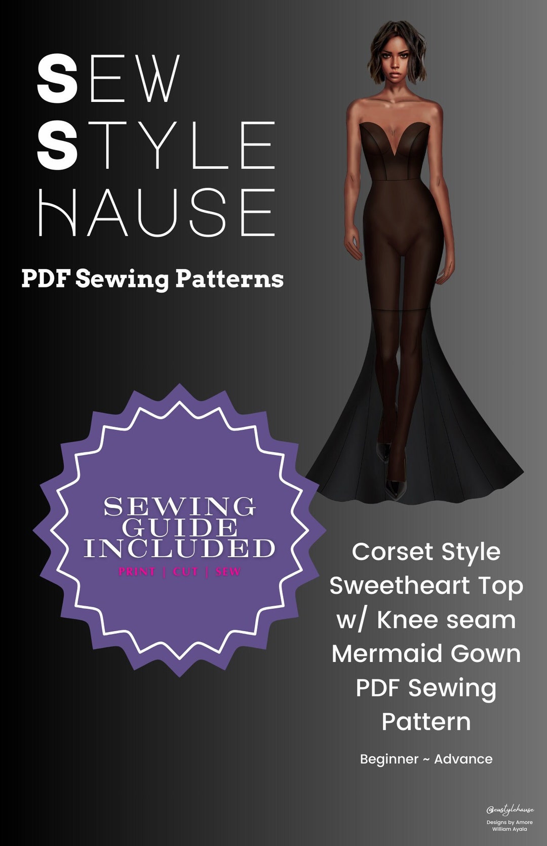 Corset Style Sweetheart Top Mermaid Gown PDF Sew Pattern 
