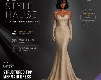 Classic Strapless Structured Top Mermaid Gown with Cocktail Gloves | PDF Sewing Pattern
