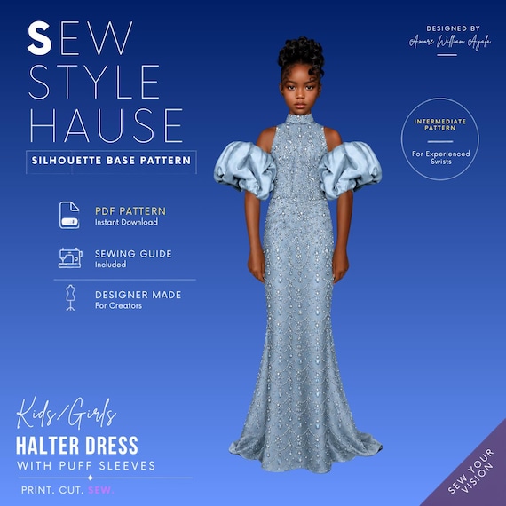 kids halter dress Girls/Kids Puff Sleeve Dress/Gown PDF Sewing Pattern | Flower girl | Pageant dress WebColor_TRUEBLACK